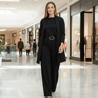Ensemble femme élégant trois pièces veste haut pantalon