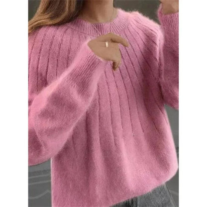 Pull tricoté femme rose mailles douces col rond
