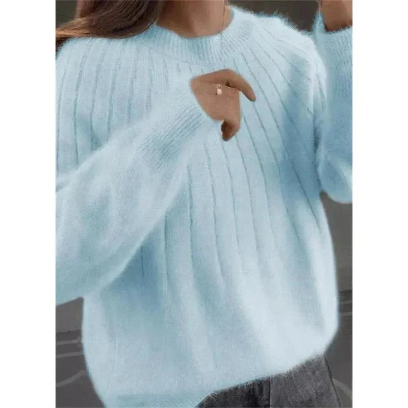 Pull tricoté femme rose mailles douces col rond