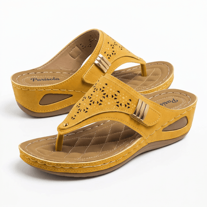 Sandales compensées femme jaune tige perforée bride cheville