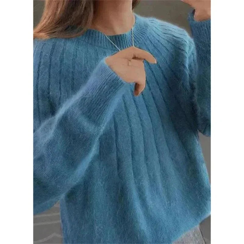 Pull tricoté femme rose mailles douces col rond