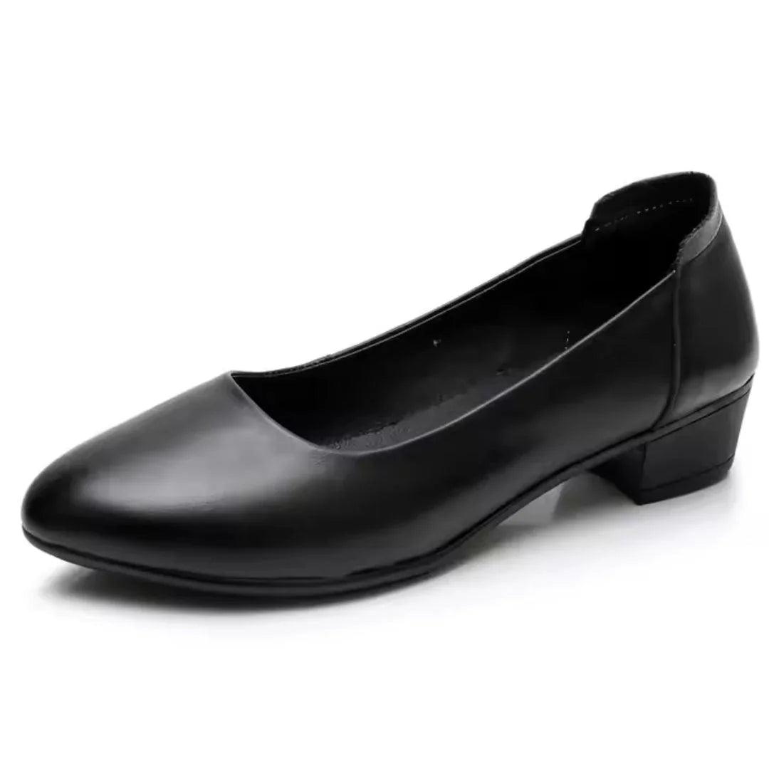 Chaussures femme cuir noir à talon carré bas, confort slip-on classique - Parisola
