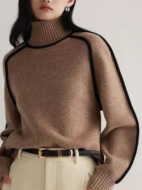 Pull col montant femme tricot colorblock bicolore manches longues coupe ample