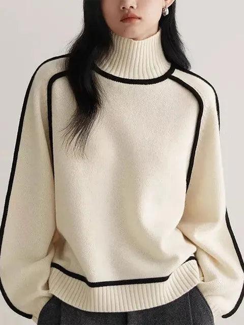 Pull col montant femme tricot colorblock bicolore manches longues coupe ample