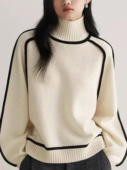 Pull col montant femme tricot colorblock bicolore manches longues coupe ample