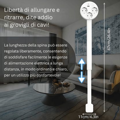 Prise extensible télescopique 47-67cm tête rotative 3 prises EU USB-A USB-C certifiée CE