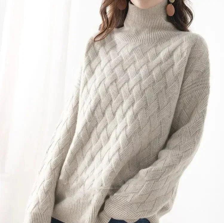 Pull col roulé femme maille torsadée acrylique coupe ajustée