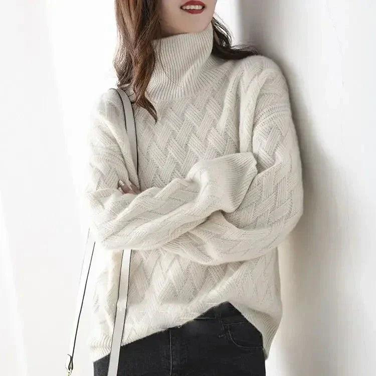Pull col roulé femme maille torsadée acrylique coupe ajustée