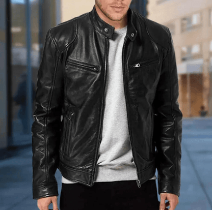 Veste en cuir homme coupe ajustée fermeture zippée col montant