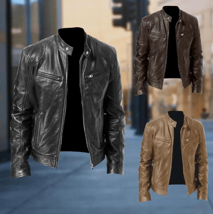 Veste en cuir homme coupe ajustée fermeture zippée col montant