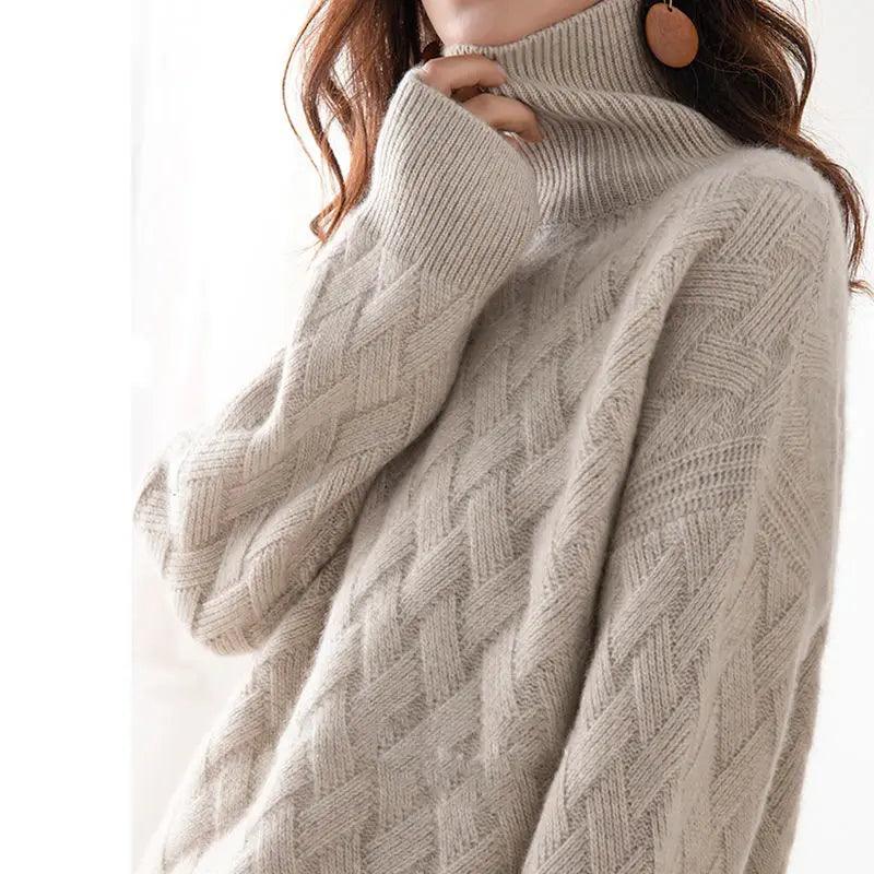 Pull col roulé femme maille torsadée acrylique coupe ajustée