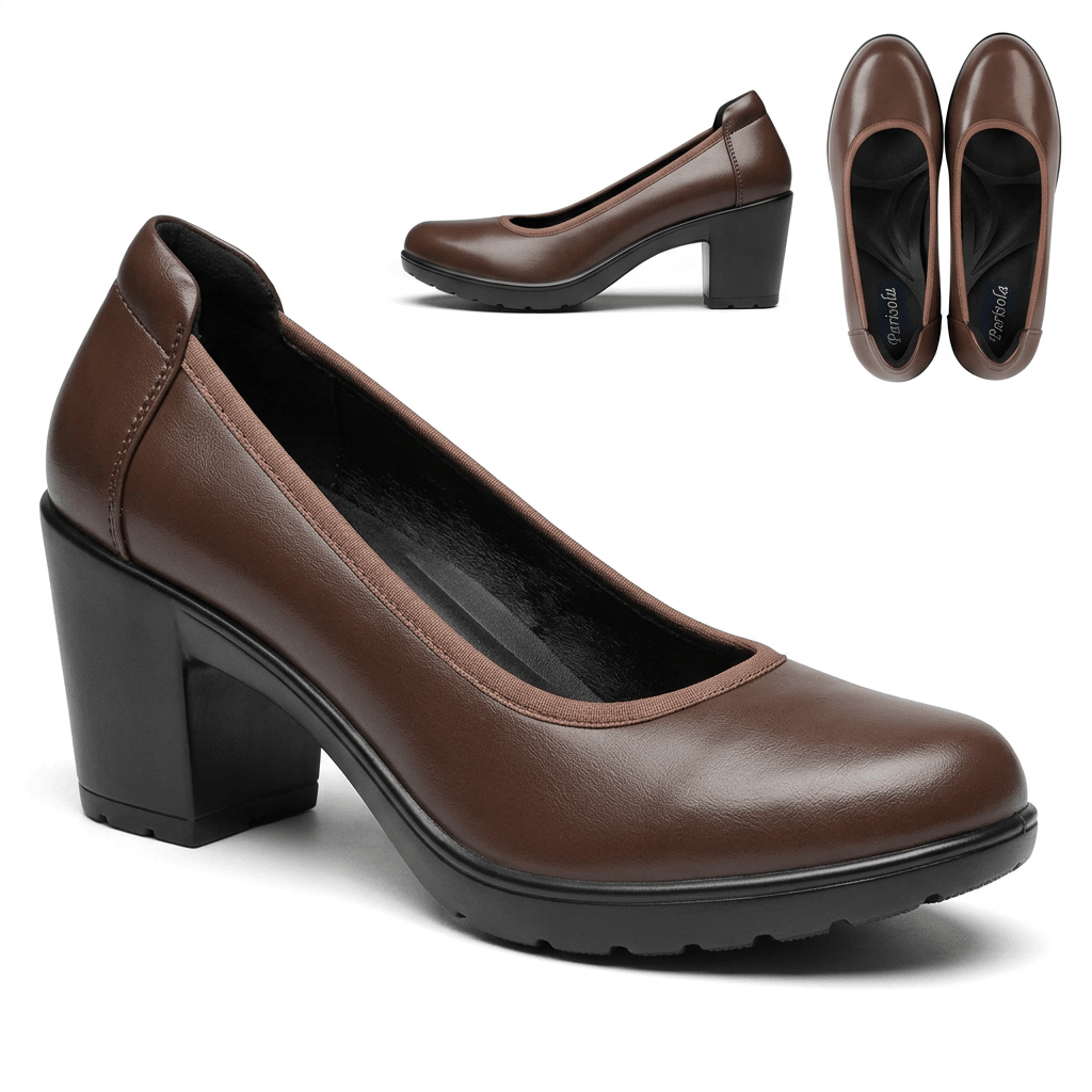 Escarpins femme marron talon bloc bout rond semelle antidérapante