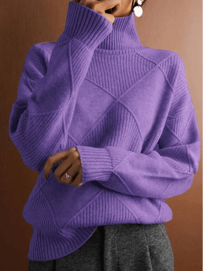 Pull chaud femme col montant maille acrylique coupe ajustée