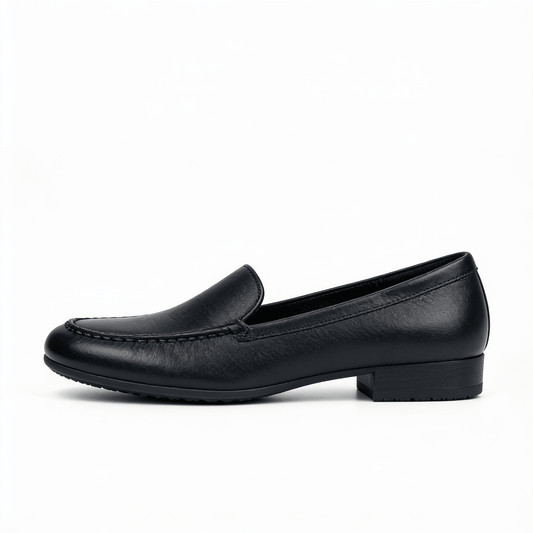 Mocassins Femme Noirs à Talon Bas - Semelle Caoutchouc - Confort Rembourré - Sans Lacets – fond blanc