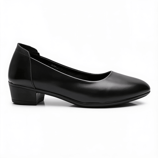 Chaussures Femme en Cuir Noir à Talon Carré - Bout Rond - Fermeture Classique – fond blanc