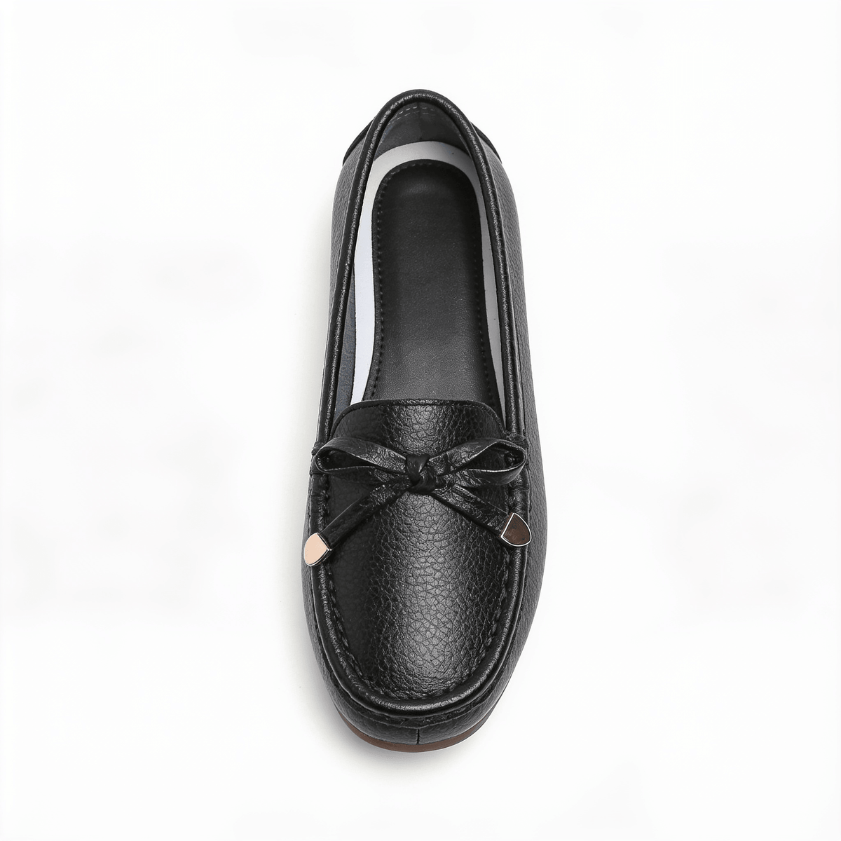 Mocassins Femme en Cuir Noir avec Nœud Décoratif - Bout Rond - Semelle Plate – fond blanc