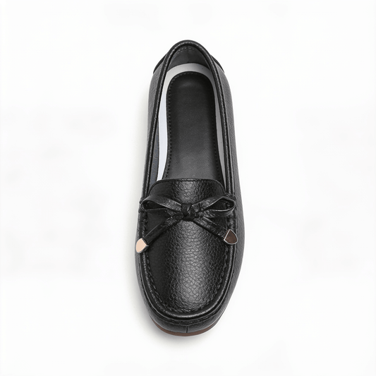 Mocassins Femme en Cuir Noir avec Nœud Décoratif - Bout Rond - Semelle Plate – fond blanc