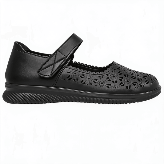 Chaussures Plates Femme Ajourées avec Bride à Scratch - PU Souple - Motifs Floraux – fond blanc
