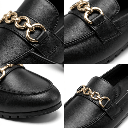 Mocassins femme cuir noir détail doré bout rond semelle plate